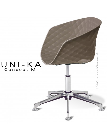 Fauteuil de bureau pivotant sur vérin à gaz avec élévation UNIKA, piétement aluminium, assise coque plastique argile.