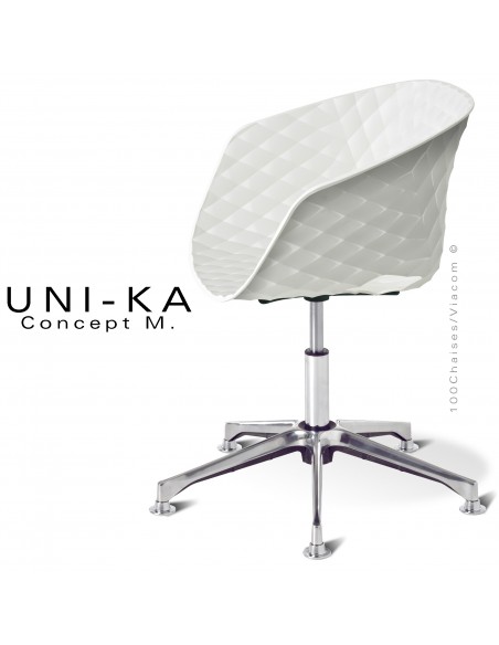 Fauteuil de bureau pivotant sur vérin à gaz avec élévation UNIKA, piétement aluminium, assise coque plastique blanc.