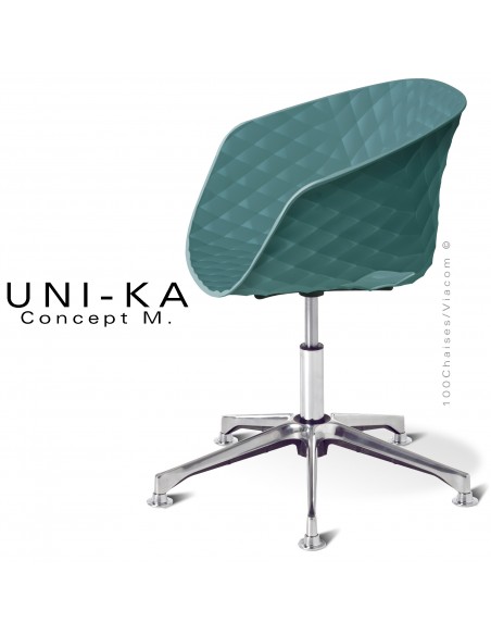 Fauteuil de bureau pivotant sur vérin à gaz avec élévation UNIKA, piétement aluminium, assise coque plastique bleu poudre.