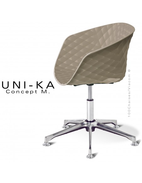 Fauteuil de bureau pivotant sur vérin à gaz avec élévation UNIKA, piétement aluminium, assise coque plastique gris tourterelle.