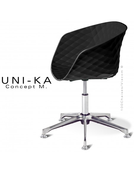 Fauteuil de bureau pivotant sur vérin à gaz avec élévation UNIKA, piétement aluminium, assise coque plastique noir.