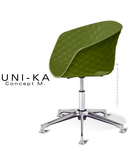Fauteuil de bureau pivotant sur vérin à gaz avec élévation UNIKA, piétement aluminium, assise coque plastique vert olive.