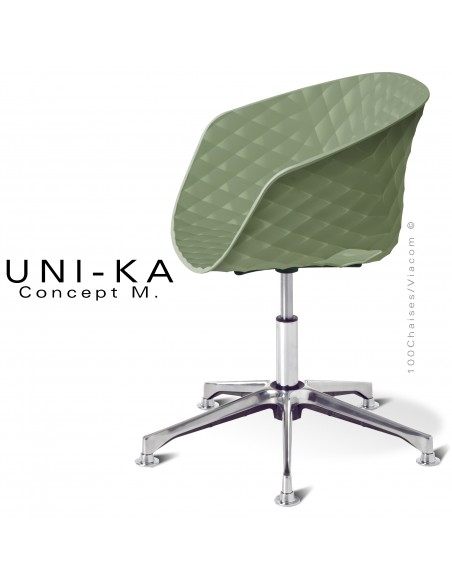 Fauteuil de bureau pivotant sur vérin à gaz avec élévation UNIKA, piétement aluminium, assise coque plastique vert pistache.