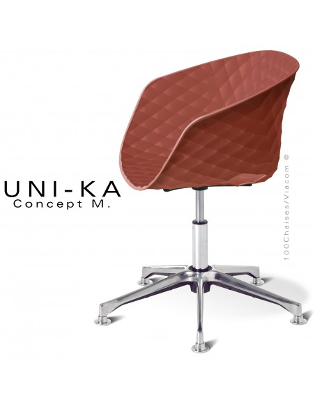 Fauteuil de bureau pivotant sur vérin à gaz avec élévation UNIKA, piétement aluminium, assise coque plastique rouge corail.