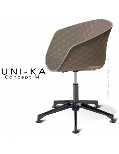 Fauteuil de bureau pivotant sur vérin à gaz avec élévation UNIKA, piétement aluminium noir, assise coque plastique argile.