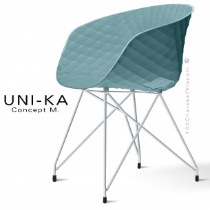 Fauteuil chic et tendance UNIKA, piétement Eiffel peint aluminium, assise plastique couleur bleu poudre.