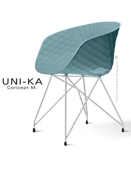 Fauteuil chic et tendance UNIKA, piétement Eiffel peint aluminium, assise plastique couleur bleu poudre.