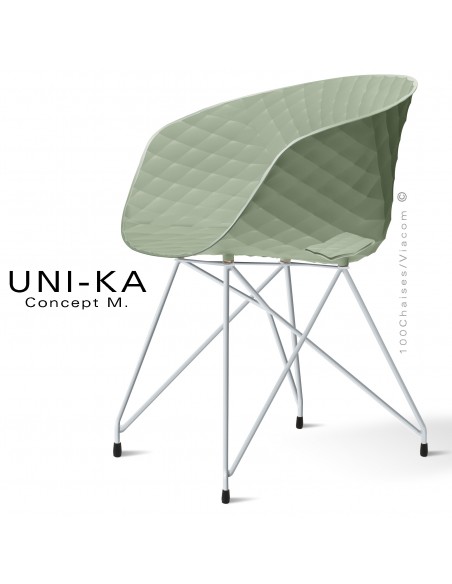 Fauteuil chic et tendance UNIKA, piétement Eiffel peint aluminium, assise plastique couleur vert pistache.