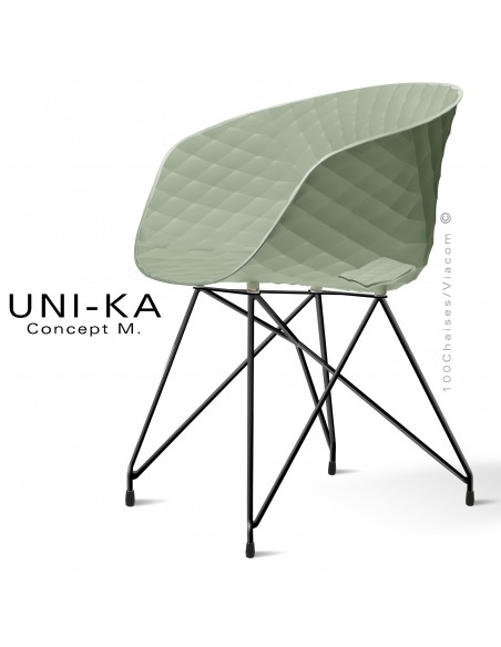 Fauteuil chic et tendance UNIKA, piétement Eiffel peint noir, assise plastique couleur vert pistache.