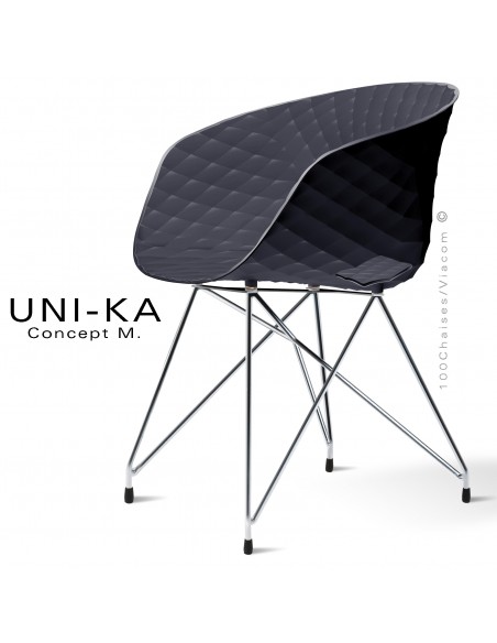 Fauteuil chic et tendance UNIKA, piétement Eiffel chromé brillant, assise plastique couleur anthracite.