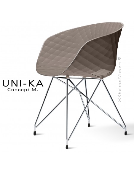 Fauteuil chic et tendance UNIKA, piétement Eiffel chromé brillant, assise plastique couleur argile.