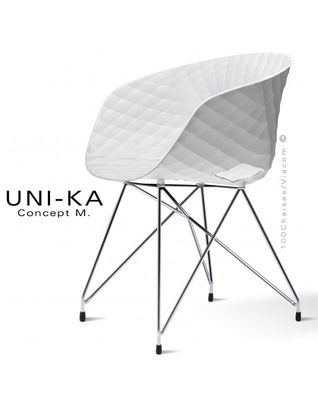 Fauteuil chic et tendance UNIKA, piétement Eiffel chromé brillant, assise plastique couleur blanc.