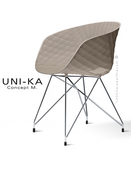 Fauteuil chic et tendance UNIKA, piétement Eiffel chromé brillant, assise plastique couleur gris tourterelle.