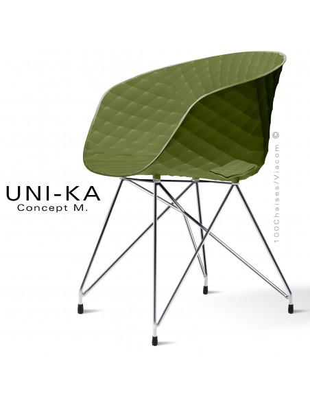 Fauteuil chic et tendance UNIKA, piétement Eiffel chromé brillant, assise plastique couleur vert olive.