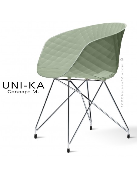 Fauteuil chic et tendance UNIKA, piétement Eiffel chromé brillant, assise plastique couleur vert pistache.