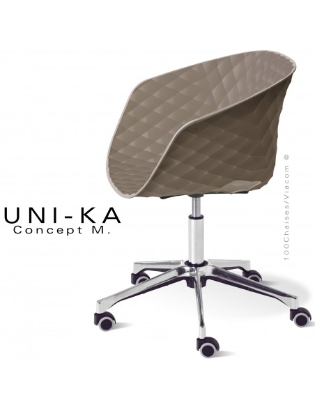 Fauteuil de bureau chic UNIKA, piétement aluminium brillant avec roulettes sur vérin à gaz. Assise couleur argile.