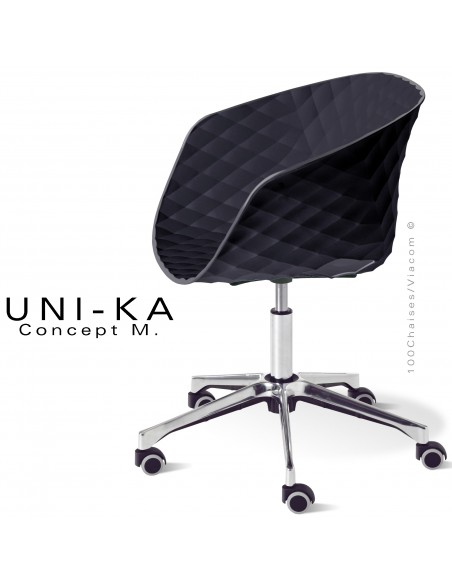 Fauteuil de bureau chic UNIKA, piétement aluminium brillant avec roulettes sur vérin à gaz. Assise couleur anthracite.