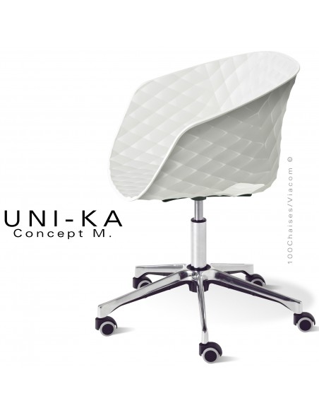 Fauteuil de bureau chic UNIKA, piétement aluminium brillant avec roulettes sur vérin à gaz. Assise couleur blanche.