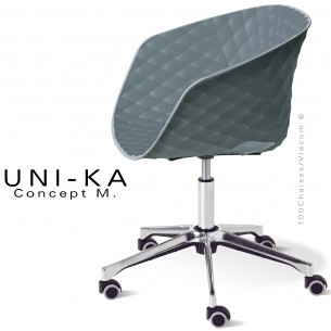 Fauteuil de bureau chic UNIKA, piétement aluminium brillant avec roulettes sur vérin à gaz. Assise couleur gris petit gris.