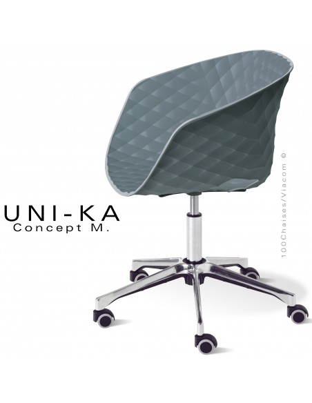 Fauteuil de bureau chic UNIKA, piétement aluminium brillant avec roulettes sur vérin à gaz. Assise couleur gris petit gris.