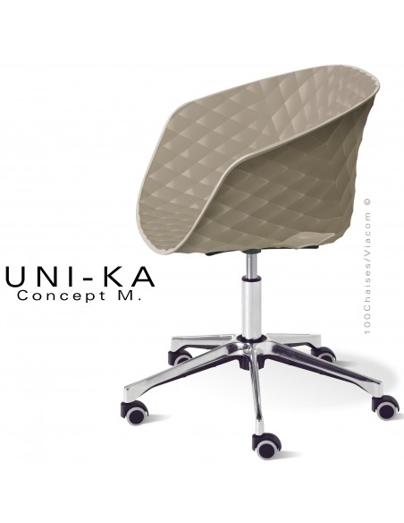 Fauteuil de bureau chic UNIKA, piétement aluminium brillant avec roulettes sur vérin à gaz. Assise couleur gris tourterelle.