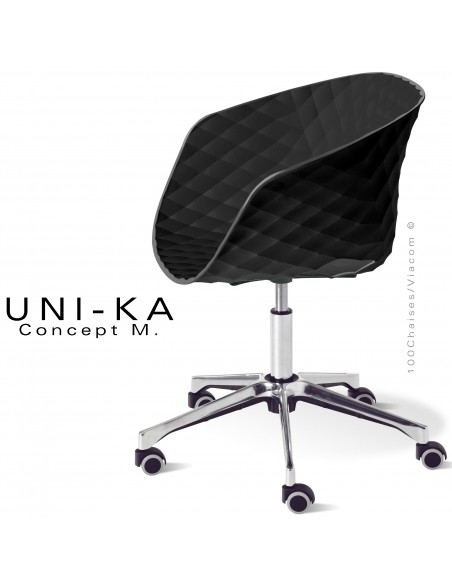 Fauteuil de bureau chic UNIKA, piétement aluminium brillant avec roulettes sur vérin à gaz. Assise couleur noir.
