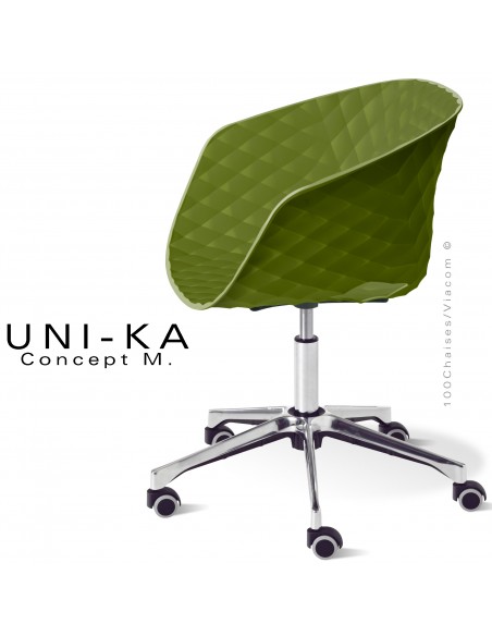 Fauteuil de bureau chic UNIKA, piétement aluminium brillant avec roulettes sur vérin à gaz. Assise couleur vert olive.