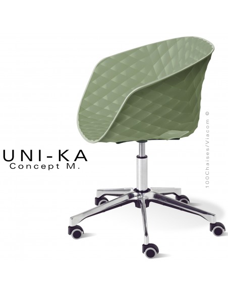 Fauteuil de bureau chic UNIKA, piétement aluminium brillant avec roulettes sur vérin à gaz. Assise couleur vert pistache.