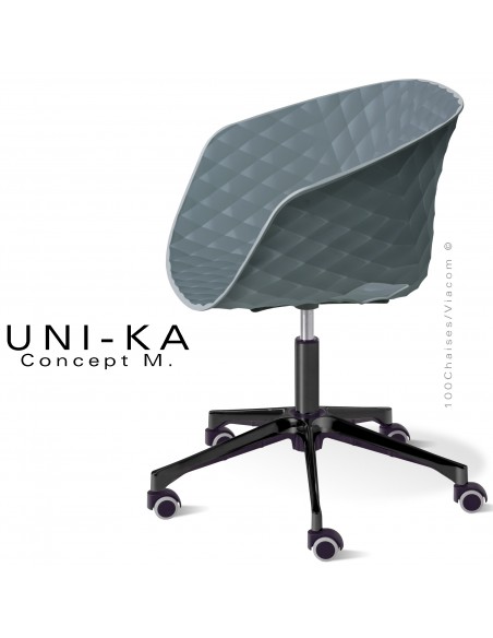 Fauteuil de bureau chic UNIKA, piétement aluminium noir avec roulettes sur vérin à gaz. Assise couleur gris petit gris.