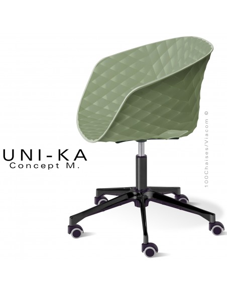 Fauteuil de bureau chic UNIKA, piétement aluminium noir avec roulettes sur vérin à gaz. Assise couleur vert pistache.