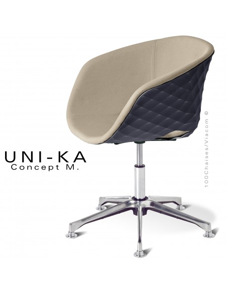 Fauteuil bureau confort UNIKA, piétement colonne centrale sur vérin à gaz aluminium, coque anthracite, tissu couleur corde.