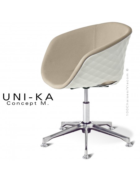 Fauteuil bureau confort UNIKA, piétement colonne centrale sur vérin à gaz aluminium, coque blanche, tissu couleur corde.