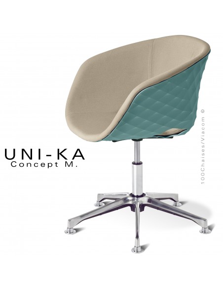 Fauteuil bureau confort UNIKA, piétement colonne centrale sur vérin à gaz aluminium, coque bleu poudre, tissu couleur corde.