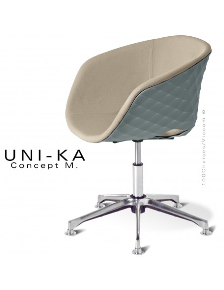 Fauteuil bureau confort UNIKA, piétement colonne centrale sur vérin à gaz aluminium, coque gris, tissu couleur corde.