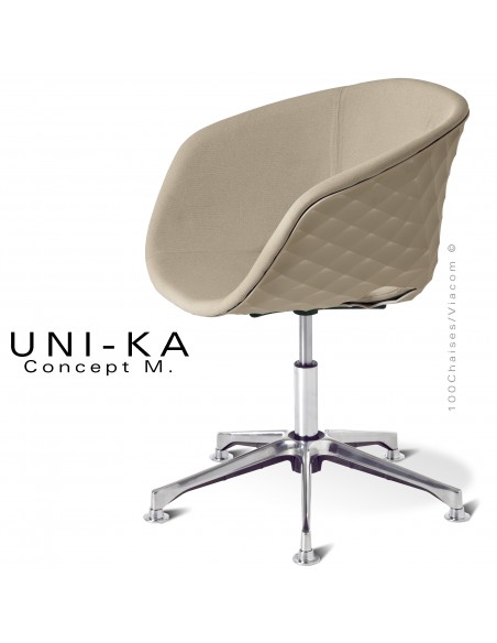 Fauteuil bureau confort UNIKA, piétement colonne centrale sur vérin à gaz aluminium, coque tourterelle, tissu couleur corde.