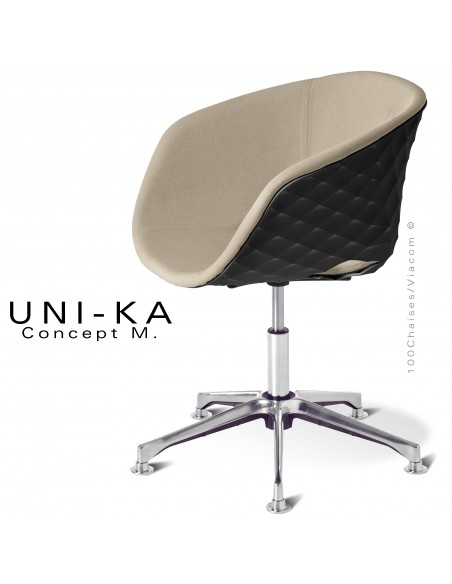 Fauteuil bureau confort UNIKA, piétement colonne centrale sur vérin à gaz aluminium, coque couleur noir, tissu couleur corde.
