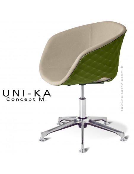 Fauteuil bureau confort UNIKA, piétement colonne centrale sur vérin à gaz aluminium, coque vert olive, tissu couleur corde.