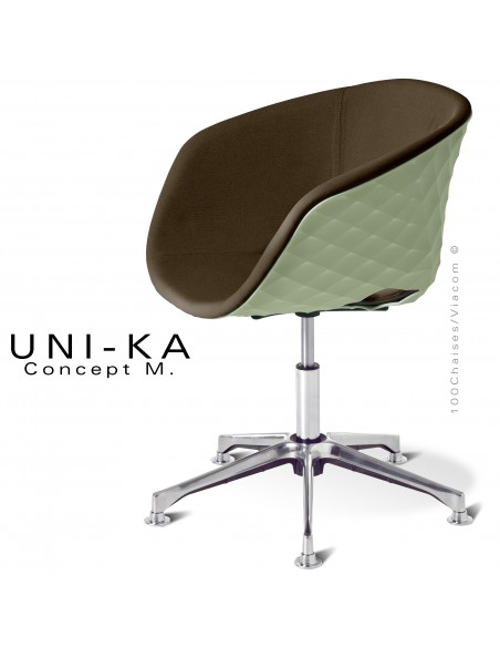 Fauteuil bureau confort UNIKA, piétement colonne centrale sur vérin à gaz aluminium, coque vert pistache, tissu couleur moka.