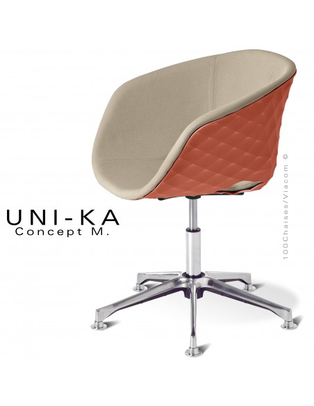 Fauteuil bureau confort UNIKA, piétement colonne centrale sur vérin à gaz aluminium, coque rouge corail, tissu couleur corde.