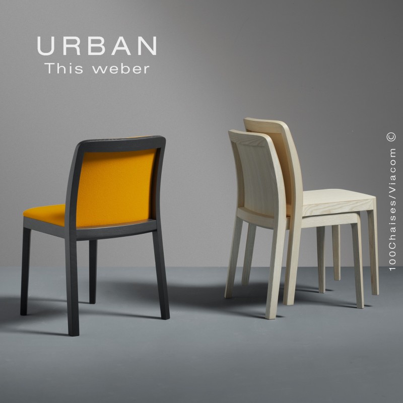 Chaise URBAN, piétement et assise en bois de frêne, peint ou vernis.